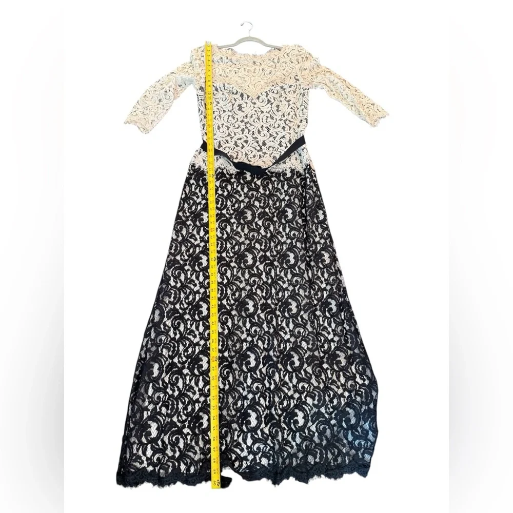 Tadashi Shoji Navy White Boatneck 3/4 Sleeve Lace Belted Black tie Gown 14 - Picture 10 of 13